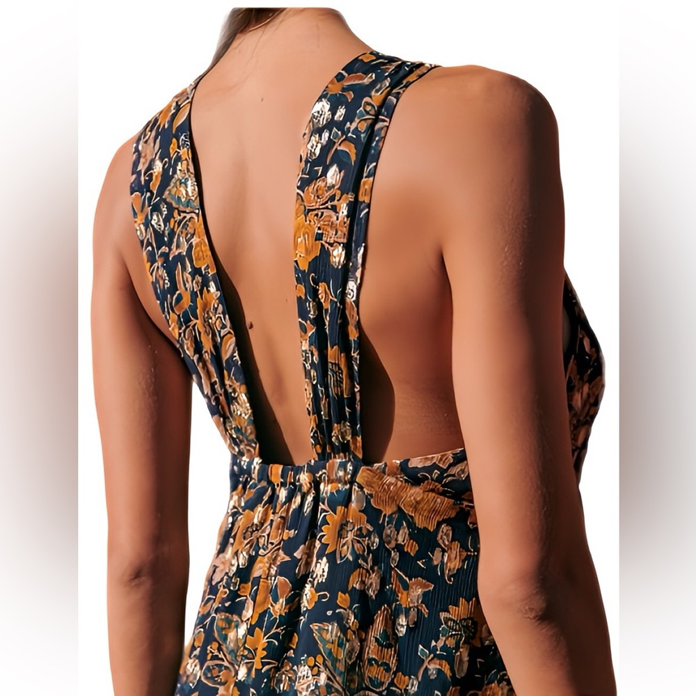 Sézane Titania Silk Maxi Dress Navy Gold Floral Open Back Size FR 34 / US 2